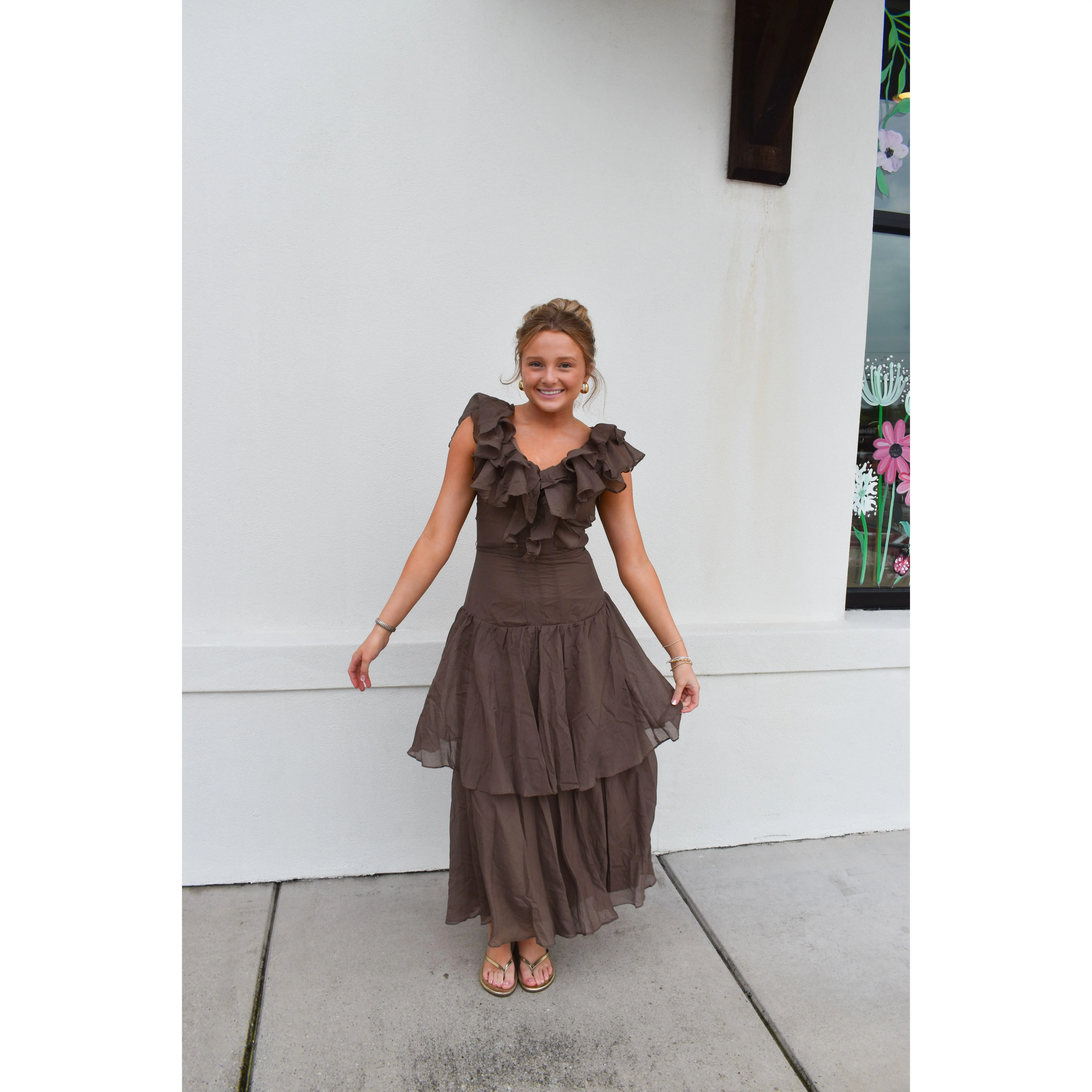 V-Neck Ruffle Cascade Tiered Dress