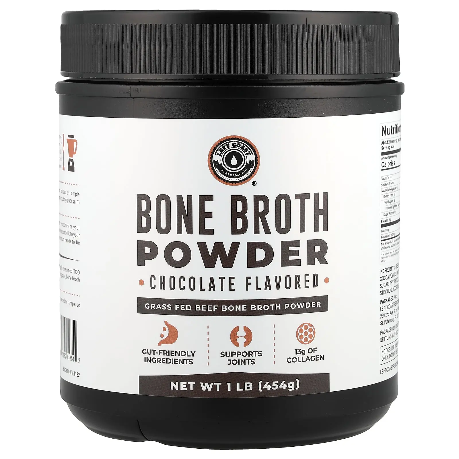 Left Coast Performance Bone Broth Powder, Chocolate, 1 lb (454 g) Left Coast Performance Bone Broth Powder, Chocolate, 1 lb (454 g)