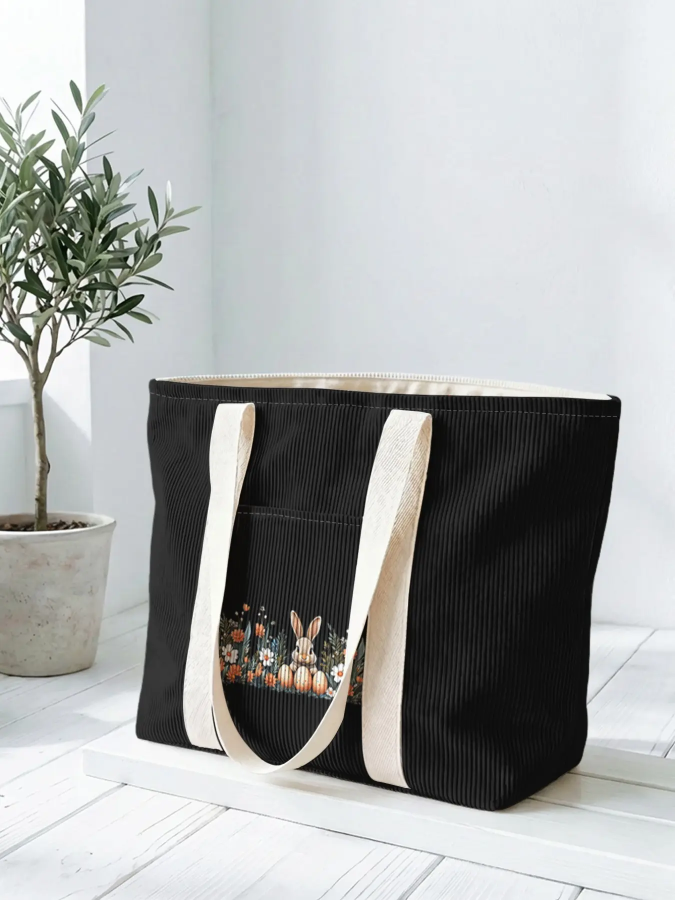 1 piece of rabbit and Easter egg floral pattern 2D printed tote bag, large capacity space|Commuting/shopping/working all-purpose|Carry the gentleness and faith of Easter in your hands, Easter