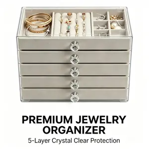 Clear 5 Drawer Acrylic Jewelry Organizer with Soft Velvet Lining,Dustproof Jewelry Storage Box with Removable Dividers,Tangle-Free Holder for Earrings Rings Necklaces Bracelets Watches,Multi-Layer Display Case for Vanity Dresser Bedroom,Elegant Organizer
