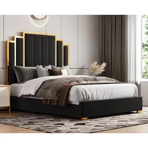 Queen Bed Frame with 61" Upholstered Headboard, Modern Platform Bed Frame with Golden Plating Trim, No Box Spring Needed, Black, Bed Frames