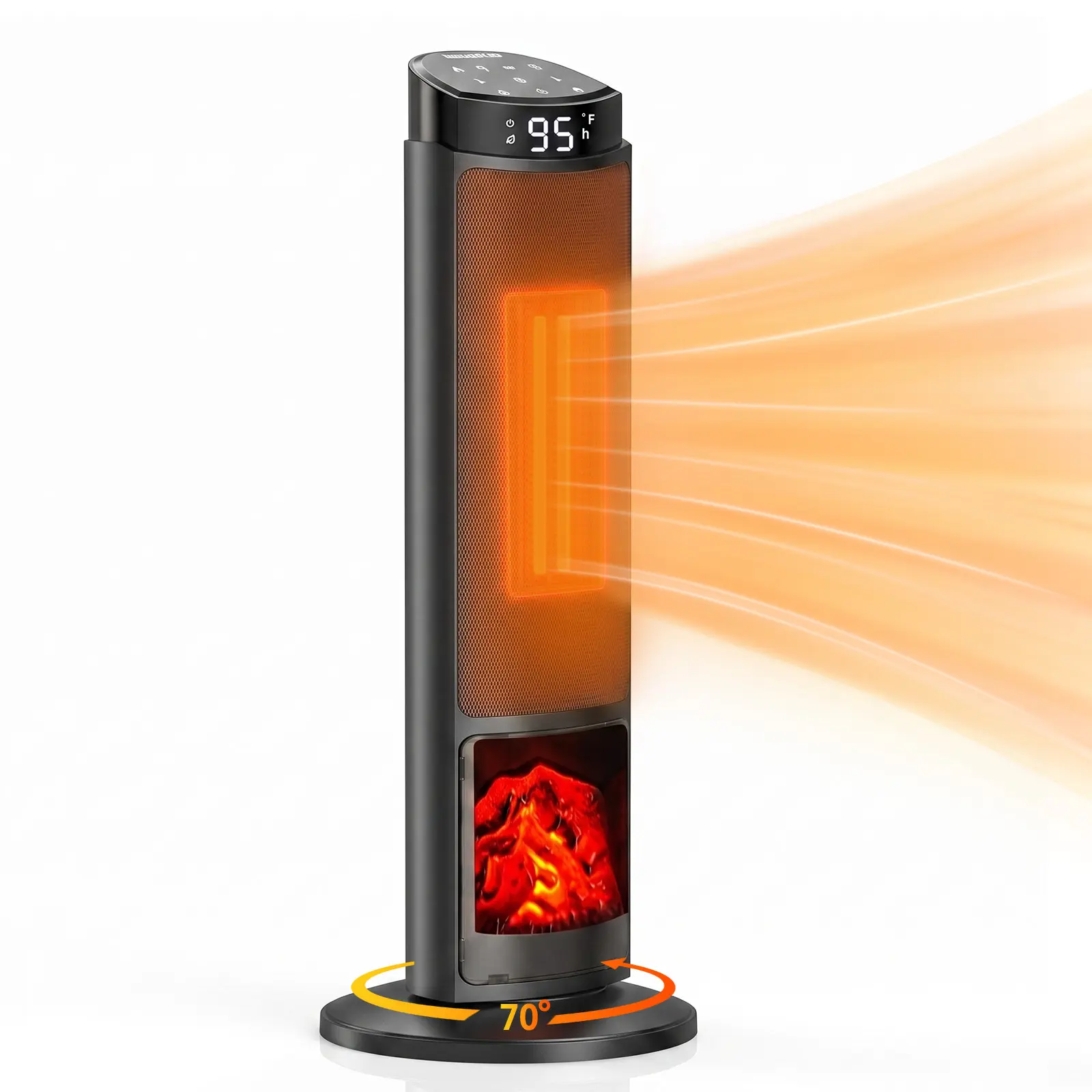 Sweetcrispy 23-In Multifunction Portable Indoor Space Heater - 1500W Power AC Plug-in, Remote Control, Adjustable Temperature, Thermostat, 7 LED Light Moods, 70° Oscillation, 12H Auto Off, Up to 95°F, Silent, Tip-Over Protection, 500-999 Sq Ft Coverage