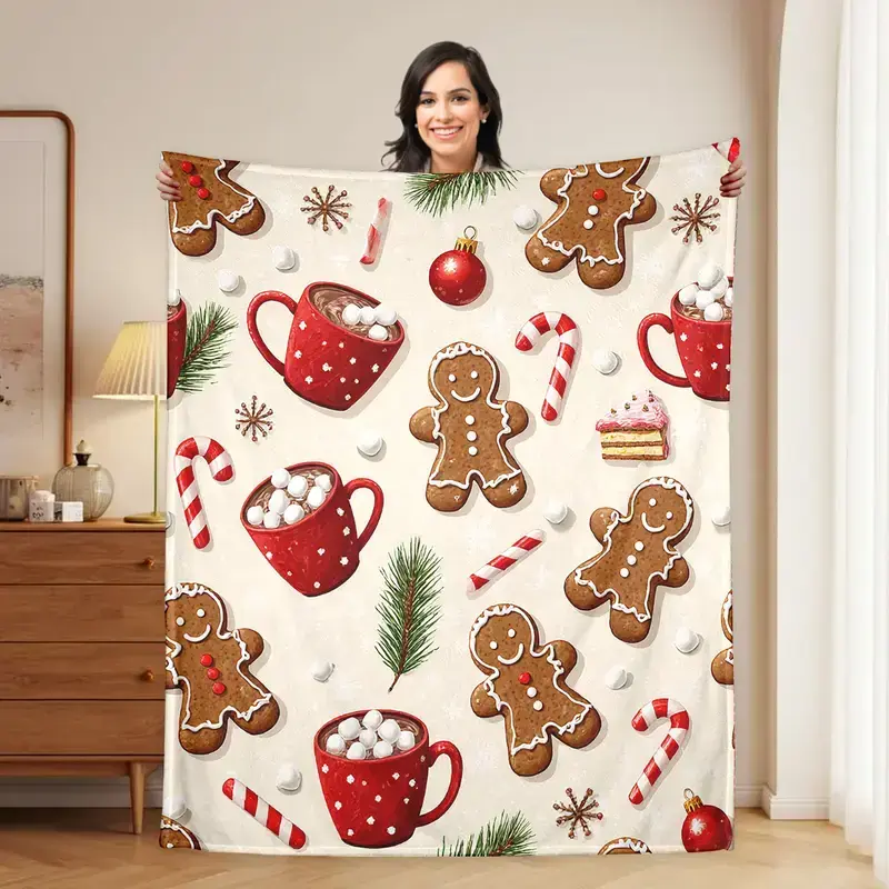 Traditional Festive Print Gingerbread Man Christmas Flannel Throw Blanket for Adults, Flat Weave Fuzzy Soft Warm Fleece Blanket, Home & Travel Indoor Use for Bedroom Couch, Cute Aesthetic Holiday Decor & Gift