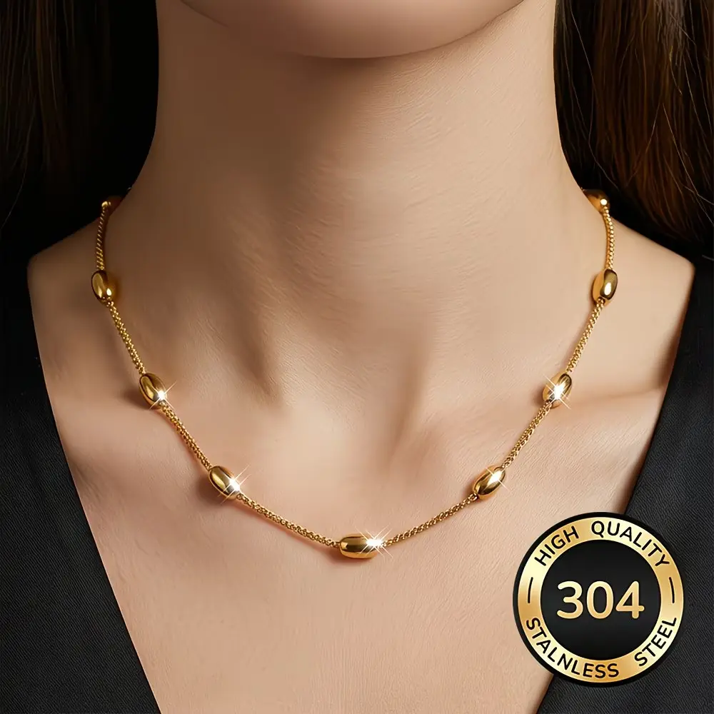 14K Gold Plated 304 Stainless Steel Beaded Choker Necklace, Waterproof Non-Tarnish Dainty Layering Chain with Rice Beads, Minimalist Jewelry for Daily Wear