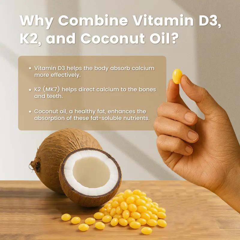 VEV 2-in-1 Vitamin Supplement D3 10000 IU & K2 200 mcg with Virgin Coconut Oil 300 Softgels for Immune Support Extra Strength MK-7