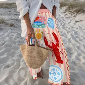 Vacation Print Wide-Leg Pants “La Dolce Vita” Lobster Design Women Statement Vibrant Holiday Trousers