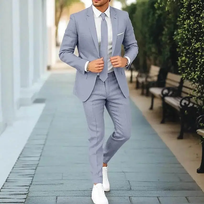 Men's Linen Suit Set, 2-Piece Loose Fit Solid Color Business Formal Wear, All-Season Single-Button Jacket & Trousers