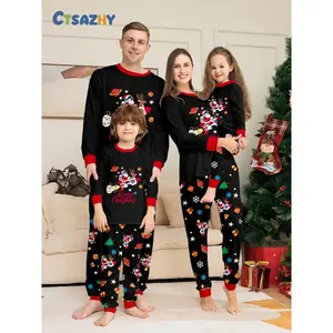 Christmas family pajama set featuring a space rocket and planet design; matches; comfortable, skin-friendly home wear. GARMENTARY