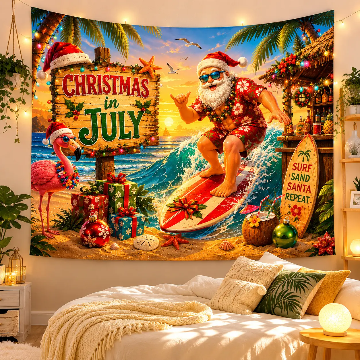 Christmas in July Beach Tapestry, Tropical Holiday Santa Wall Hanging, Summer Coastal Christmas Decor for Bedroom Dorm Party Backdrop