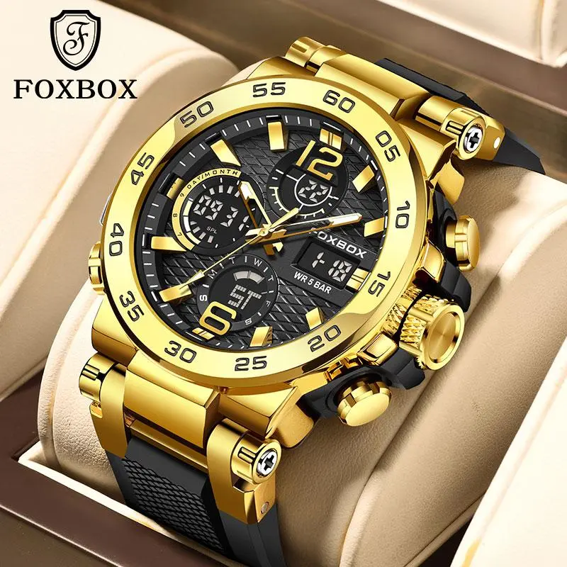 FOXBOX Men's Sport Look Quartz Drive Wristwatch - Chronograph Analog, Square-Face, Waterproof, Number Display, Calendar, Urban Outdoor-Ready Father's Day Fashion Watch Jewelry