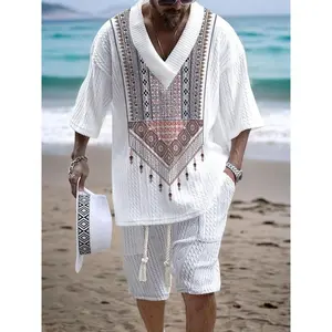 Men'sRegularFitEthnicPatternEmbroideryVNeckShortSleeveTee&PantsTwo-PieceSet,CasualFashionCozyBreathableTwoPieceOutfitsforDailyWear,MensClothesforSummer