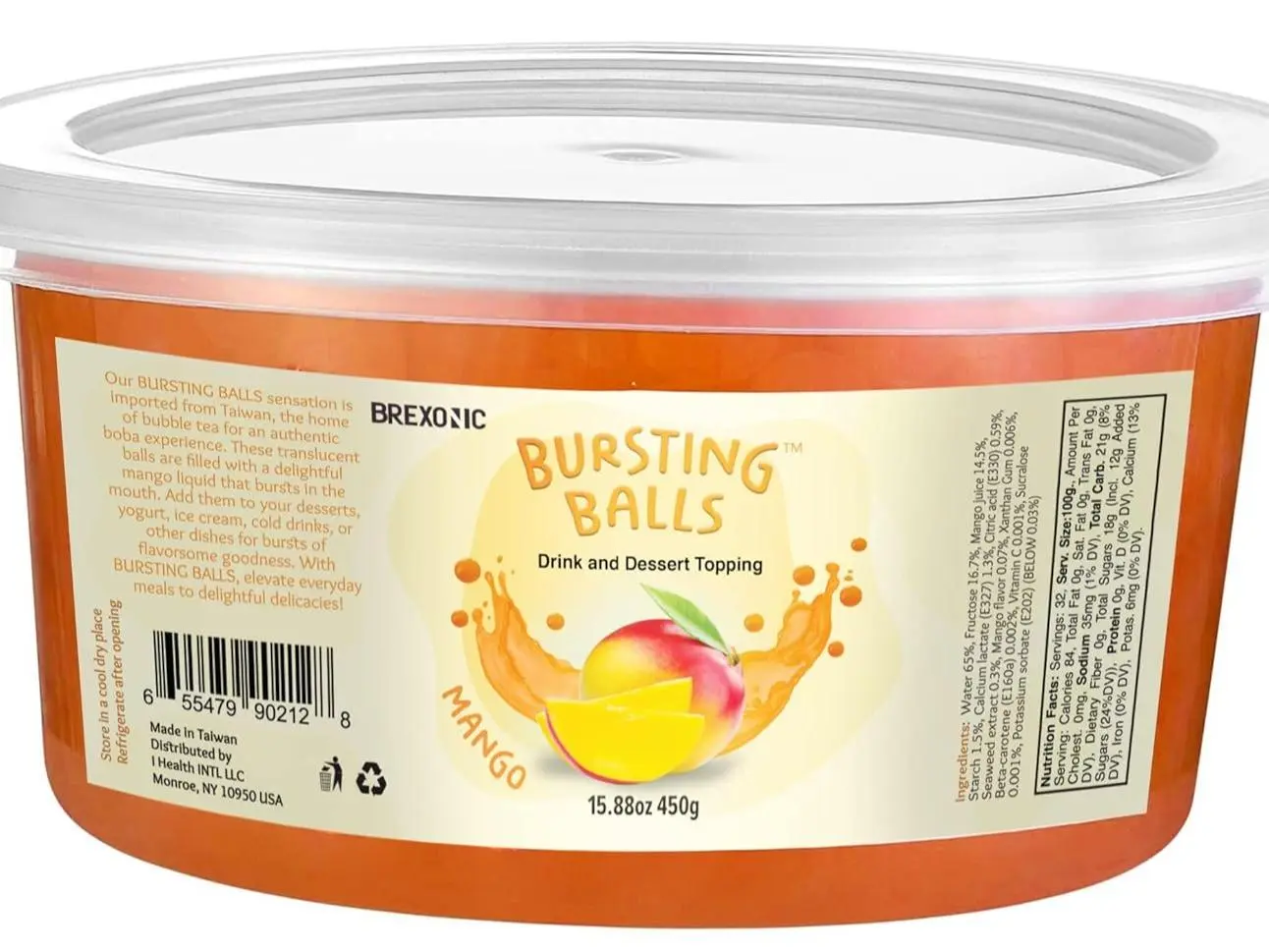 Saturated Fat-Free Organic Low-Calorie Gluten-Free Halal Translucent Boba Popping Tapioca Pearls, 1lb Pack of 1, Refrigerated Beverage Topping (Yes for Bubble Tea Drinks), Boba Popping Pearls