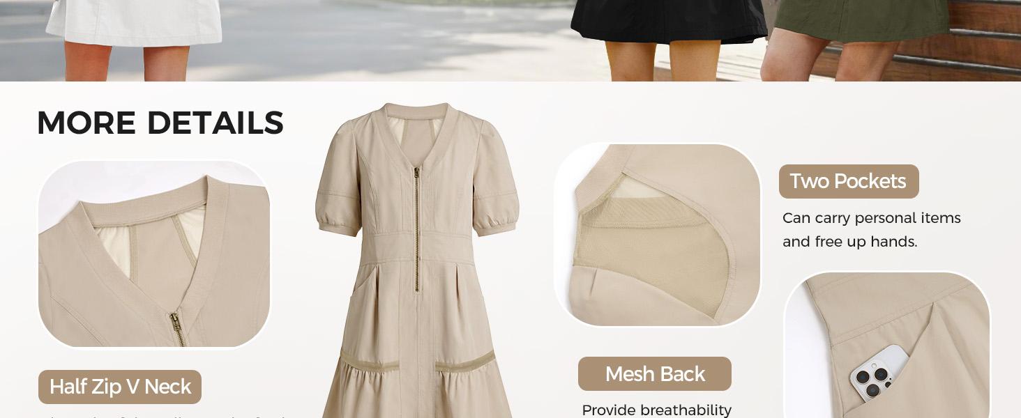 Fisoew Women Coral Mesh Cutout Puff Sleeve Mini Dress V Neck Zip Front Relaxed Fit Casual Summer Dress Breathable Lightweight Dress