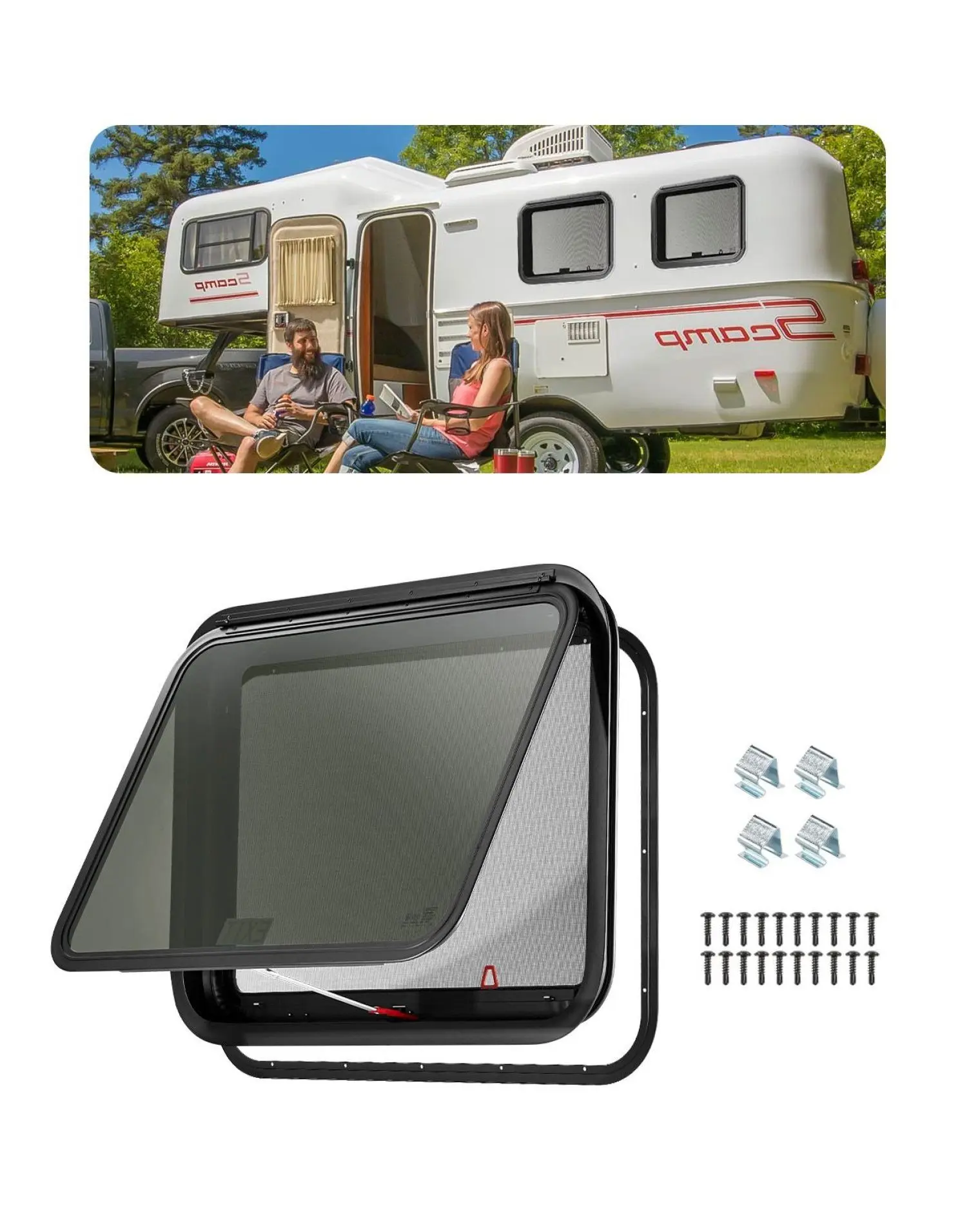 RV Exit Window 30x22 inch, Tinted Tempered Glass w/Screen & Trim, 1 1/4-1 13/16" Wall, Replacement for Camper, Teardrop & Cargo Trailers, DOT Approved
