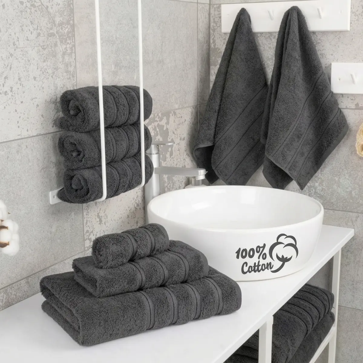 Nexapick 6-Piece Luxury Egyptian Cotton Bathroom Towel Set - Washcloth, Hand, Bath Styles, Dense Plush, Soft, Absorbent, Lint-Resistant, Long-Lasting, Charcoal Grey, Ideal for Daily Use & Gifting, Six-Piece Towel Sets