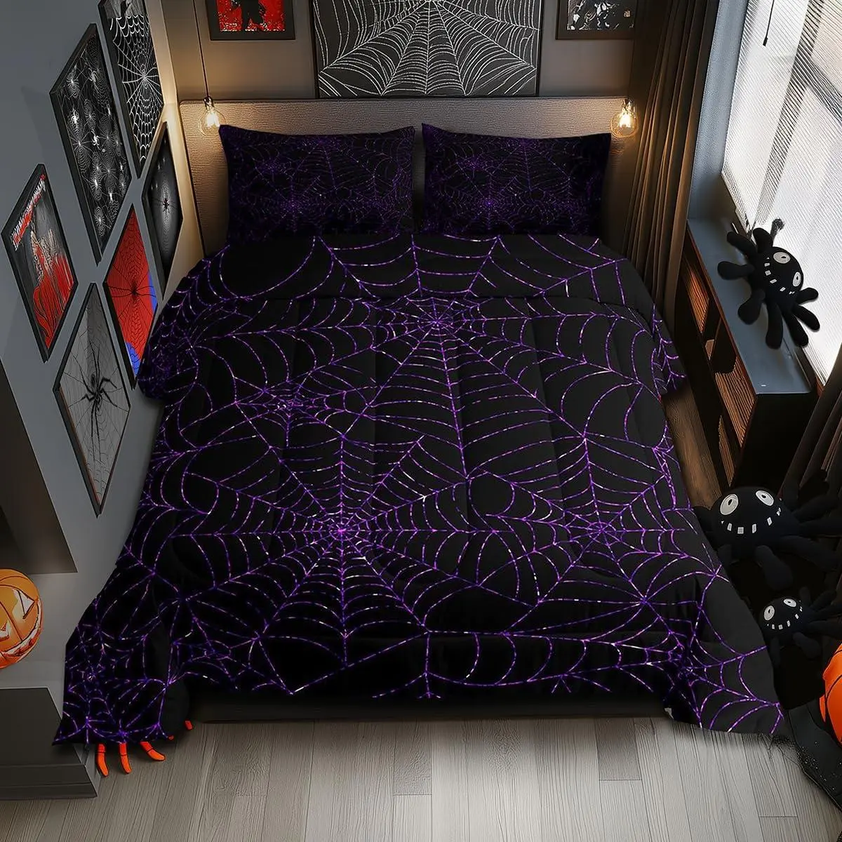 Feelyou Durable Soft Polyester Queen-Size Halloween Spider Web Comforter Set - Microfibre-Blended, Geometric Purple Glitter Lines, Lightweight Warmth, U-Stitching, Machine Washable, All-Season, Exotic Hippie Black Quilt for Kids Room Decor, Travel Ready