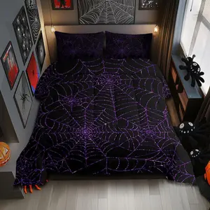 Feelyou Halloween Spider Web Soft Comforter Set - Geometric Purple Glitter Lines Polyester Bedding, Lightweight Warm Multi-Size Duvet, Kids Room Decor Exotic Hippie Black Quilt, Travel Ready