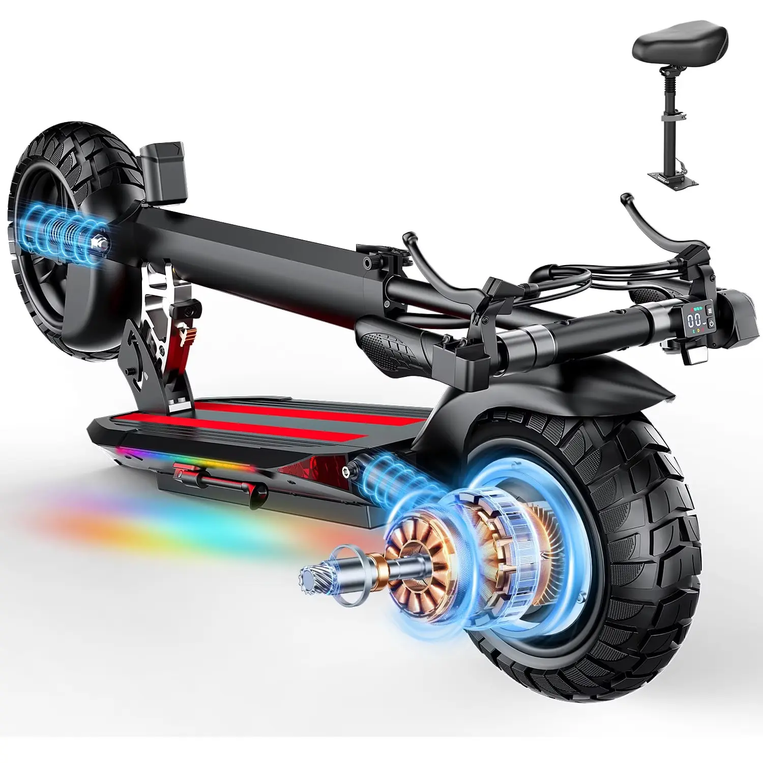 Adult Foldable Electric Scooter with Seat, 1200W Peak Motor, 30MPH, 48V 15Ah Battery, 45 Miles &10" Off Road Tires, Dual Suspension Commuting Vehicle UL2272