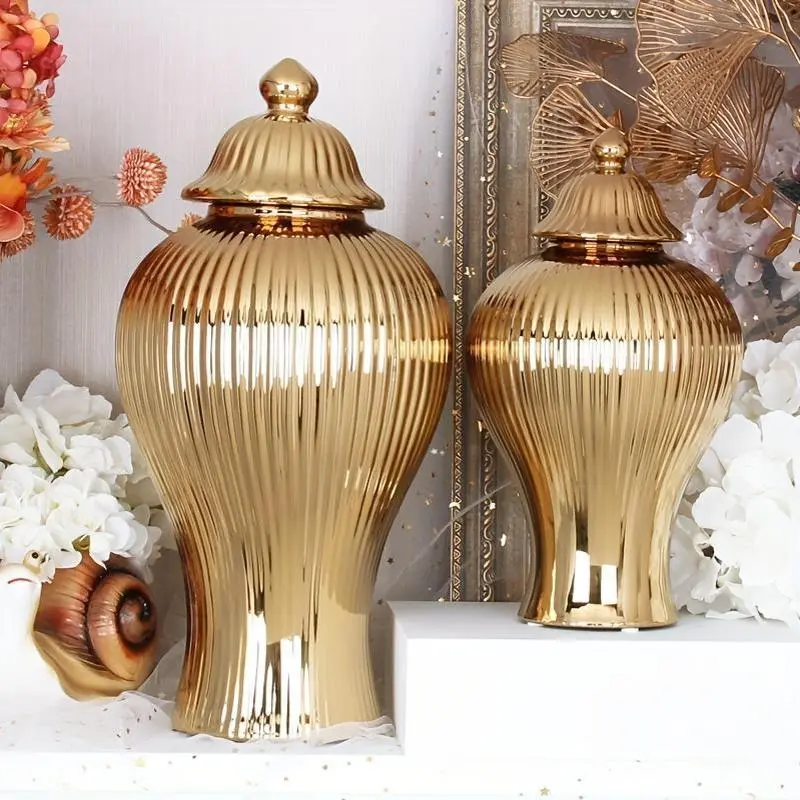 New Elegant Gold-Plated Ceramic Vase - Classic Cylinder Design For Living Room & Entryway Decor Ornaments