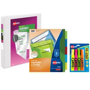 Avery Durable View 3 Ring Binder with 1 Inch Rings, 5 Tab Two-Pocket Plastic Binder Dividers, Assorted Chisel Tip Highlighters, School Supplies Set (01681)