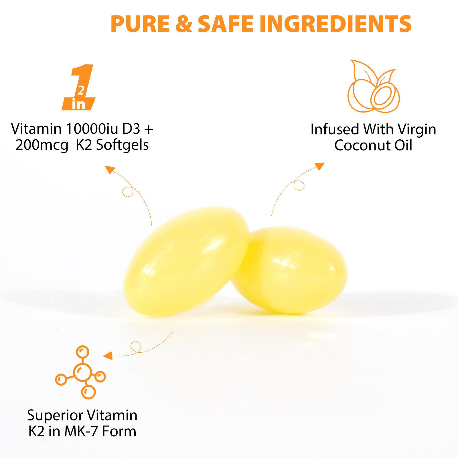 【live】Acentiallabs Vitamin D3 10000 Iu Plus K2 200 mcg, 300 Virgin Coconut Oil Softgels| 2 in 1 Vitamins D & K Complex