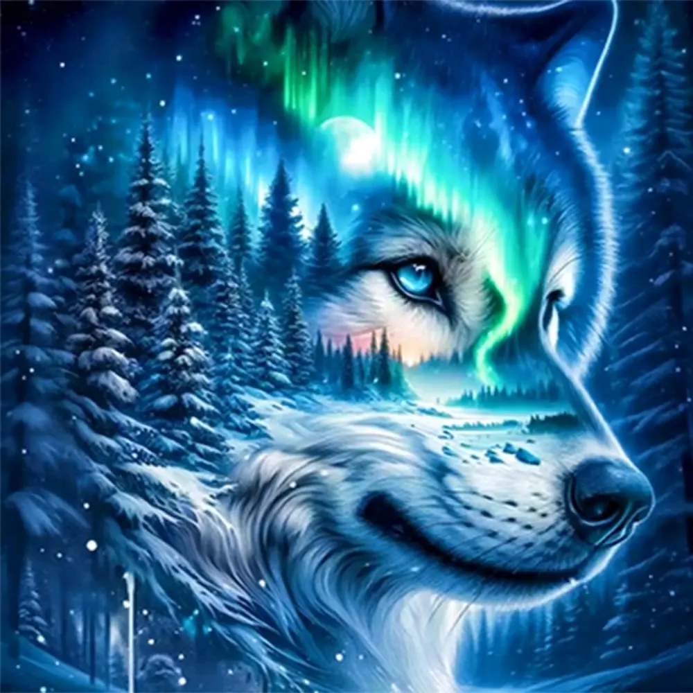 Aurora Borealis Forest White Wolf Double Exposure Art Painting Diamond Painting 5D DIY Diamond Painting Kit Full Drill Square Round Diamonds Embroidery Cross Stitch Art Craft Home Wall Decor Art Gift Handmade Painting Set, Handmade Gifts