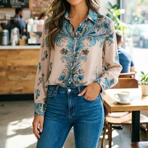 Amazon Cross-Border European Women's Shirt Printed Casual Long Sleeve