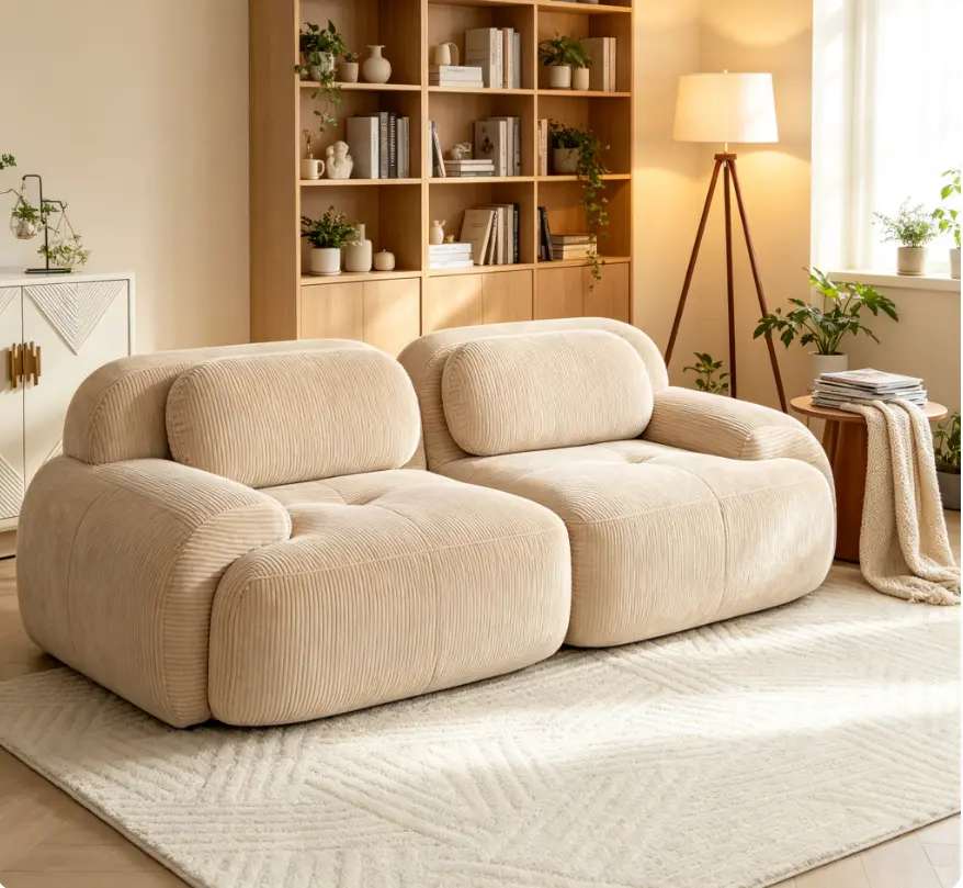82-Inch Camel Corduroy 2-Seat Modular Sofa - Detachable Free Combination, Curved Armrests, High Resilience Sponge, Anti-Slip Lounge Furniture for Living Room, Bedroom