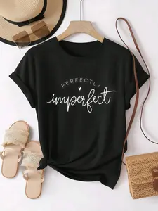 Tiktok Trendy Graphic Tee, Perfectly Imperfect Slogan Print, Loose Fit Casual Top, Comfortable Breathable Home Wear, Unisex Fashion