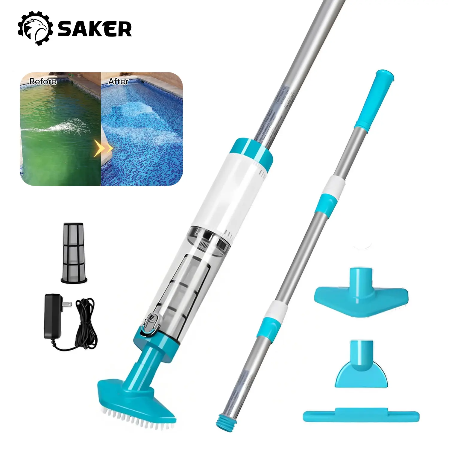 Saker Cordless Pool Vacuum with Telescopic Pole, Dual Suction Handheld Pool Cleaner, Perfect Father's Day Gift for Dad & Husband, Ideal for Above Ground Pools & Spas