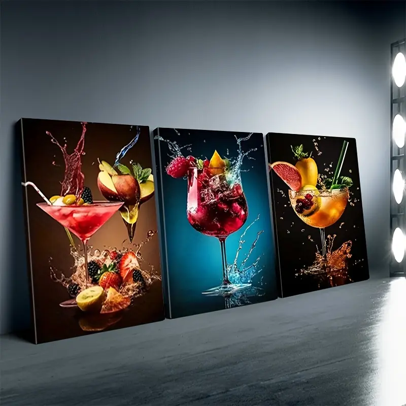 2D canvas art, framed 2D canvas art, 3-piece set, fruit and drink canvas paintings. Home decor for bedroom, living room, and dining room, ready to hang and use, 2D canvas art