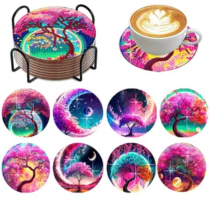 8-Piece Diamond Painting Set with Stand, Colorful Tree Pattern Coasters, Shimmering Diamond Art Wooden Mosaic Craft Kit, Perfect for Holiday Decor