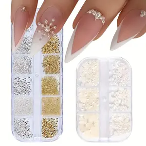 Pearl Nail Art Accessories, 2 Boxes Mixed Size Small Steel Balls, Beautiful Semi-circular Nail DIY Art Supplies, Nail Charms, Nail Accessories for Women