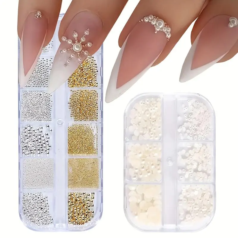 Pearl Nail Art Accessories, 2 Boxes Mixed Size Small Steel Balls, Beautiful Semi-circular Nail DIY Art Supplies, Nail Design, Nail Charms, Nail Accessories for Women, Nail Decorations, Nail Adornments