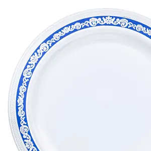 White with Blue and Silver Royal Rim Plastic Appetizer/Salad Plates (7.5")