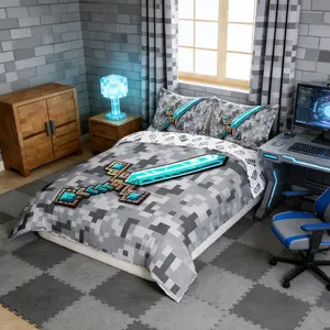 Cartoon Sword Duvet Cover Set,Pixelated Themed Games Bedding Sets,Blue Sandbox Block Comforter Cover Men Room Decor,Grey Check Camo Quilt Cover