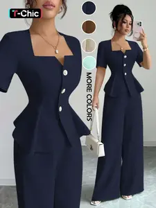 New French Fashion Chic Elegant Womenswear Matching Set for Women, Spring Summer Slimming Design A-Line Square Neck Shirt & Wide Leg Straight Pants Two-Piece Suit Outfit