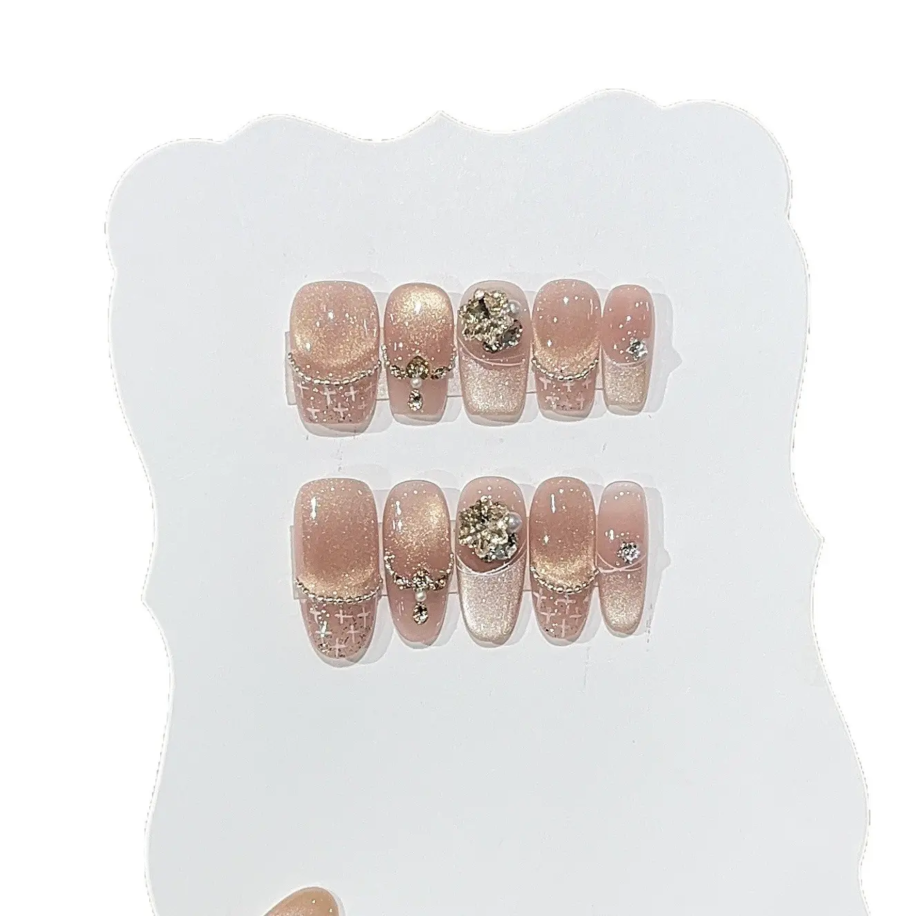 Press-On False Nails with Champagne K9 Cubic Zirconia Chain, Gold Accents, Icy-Translucent Gradient Blush Halo Effect, Detachable Reusable Design, Acrylic Tips & Display Stand - Nail Designs