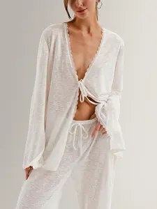 Women's Solid Color Lace Trim Top & Pants Loungewear Two-Piece Set, Elegant Comfy Breathable Outfits for Women, Women's Sleepwear for Summer, Pajama Set