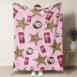 Dr Pepper Leopard Star & Coquette 8-Ball Pink Plush Blanket, Retro Soda Can & Glitter Bow 8-Ball Graphic Soft Fleece Throw, Perfect for Dr Pepper Lovers, Y2K Fashion Fans & Edgy Pink Home Decor  Sofa Bedroom Dorm Couch Office