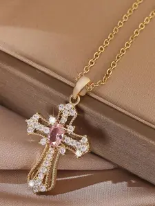 Cross Pendant Necklace for Women, Rhinestone Decor Necklace for Party, Daily Clothing Decor, Trendy All-match & Exquisite Jewelry for Birthday Gift, Cross Charm Necklace