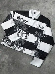 Saint saint pattern printed Polo long sleeved T-shirt short for men and women, European and American street trend striped Virgin print long sleeved shirt saint