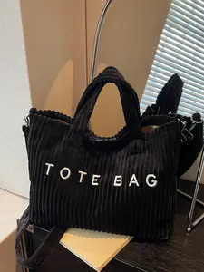 Autumn Winter New Large Capacity Letter Design Corduroy Tote Bag, Simple Versatile Handbag for Work and Daily Use, Minimalist Tote Bag