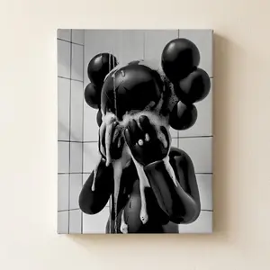 Hypebeast Bathroom Canvas Wall Art - Modern Street Art Poster, Humorous Black Cartoon Figure Taking a Shower Prints for Restroom Decor