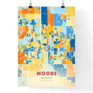 Colorful Moore Oklahoma Blue Orange Fine Art Print Moore United States City Map Customizable Poster Print Personalized Gift