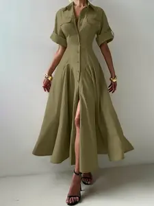 Women's Plain Color Basic Minimalist Aesthetic Dress, Button Front V Neck Half Sleeve Ruched A-Line Design, Casual Fitted Long Dress for Daily Commute