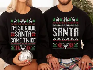 [COUPLE SHIRT] The Original Unisex Funny Couples Matching Ugly Christmas Sweater, Santa Twice, Christmas Pajamas, Couple Sweatshirt, 100% Cotton - LORA ATCHER