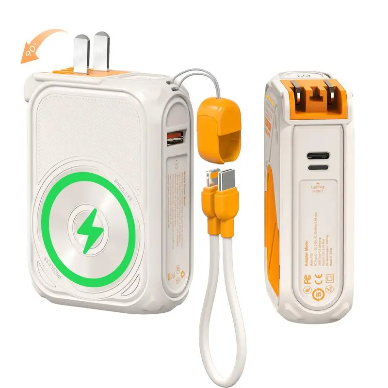 20000mAh Magnetic Portable Power Bank - Fast Charging Battery Pack with Built-in Cable, Foldable Wall Plug, Compact Travel Essential for iPhone, Samsung Devices