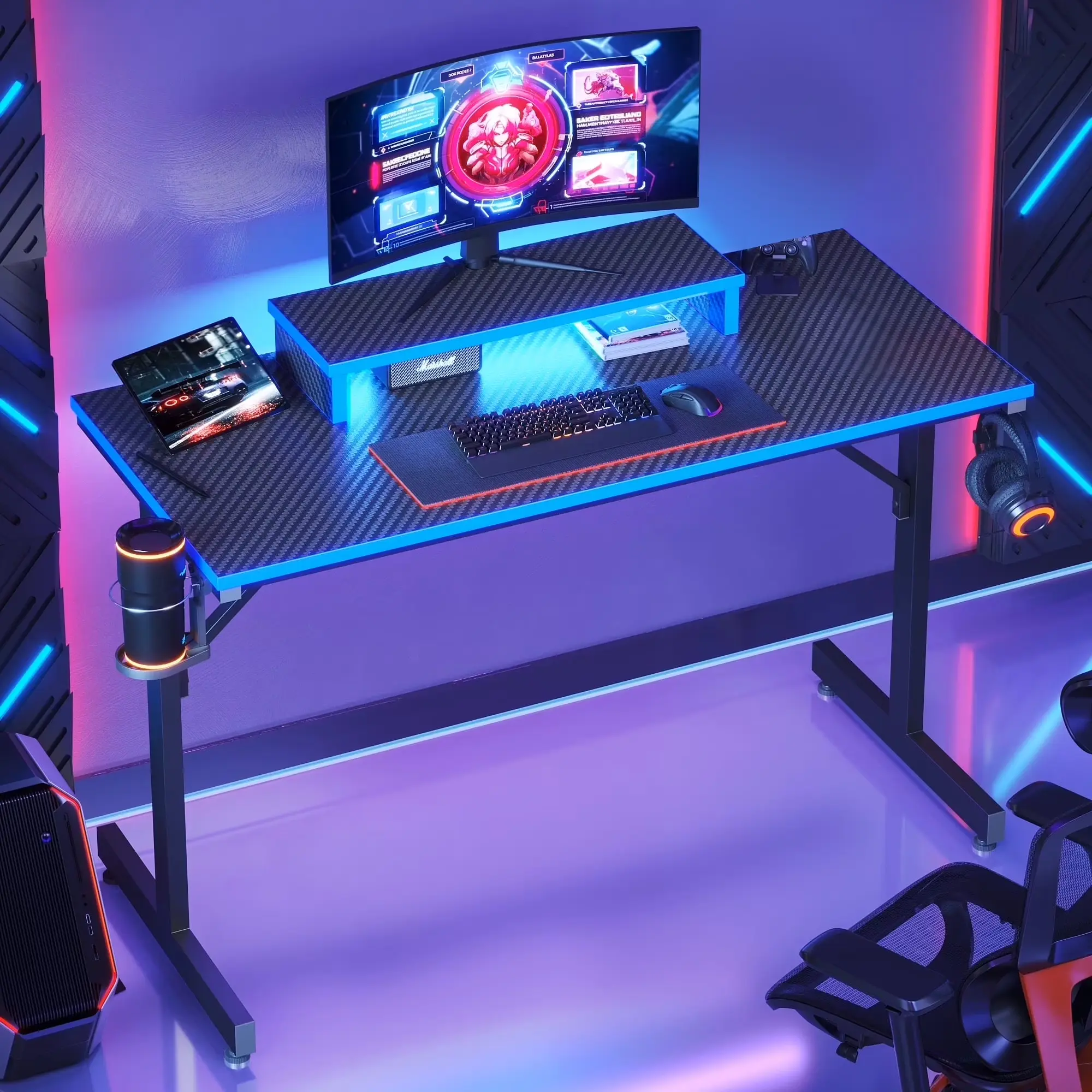 Bestier 42" Gaming Desk PC Computer Table with LED Lights & Monitor Stand & Hook & Cup Holder in Blue