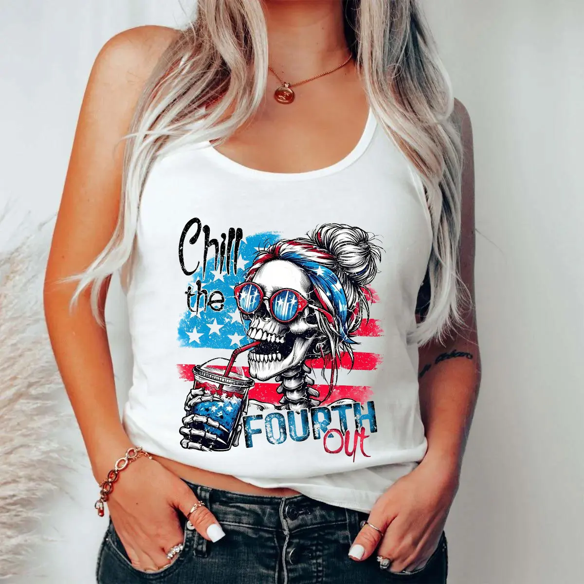 Chill the Fourth out Funny 4th of July Tank Top, Retro American Flag USA Tee, Independence Day Graphic Tops for Men & Women